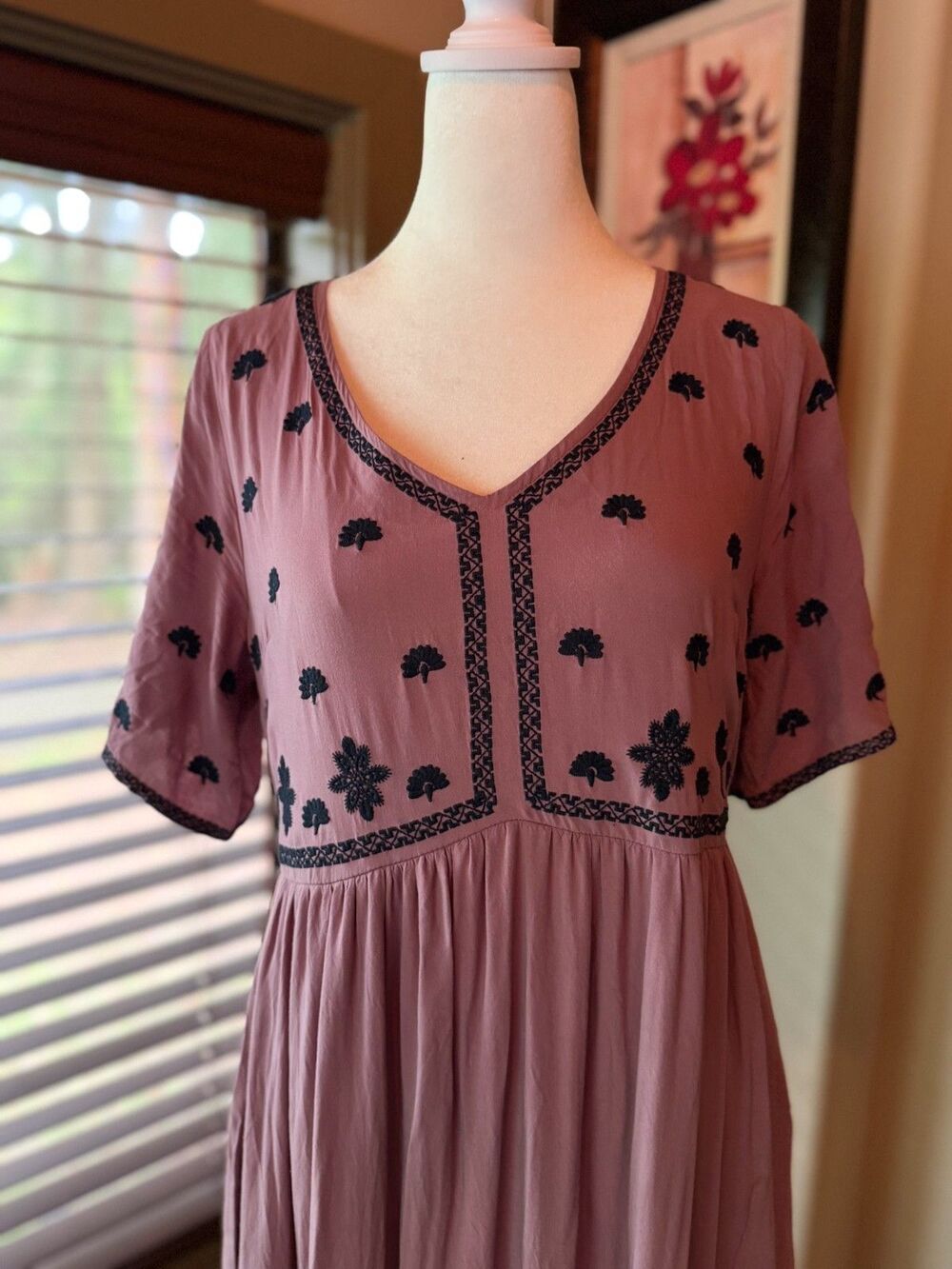 Mauve Polagram Maxi Dress Size Medium Embroidered Cottage Core